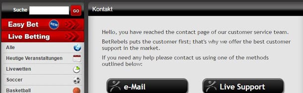 Betrebels Kundenservice unter anderem per Live-Chat und Telefon erreichbar