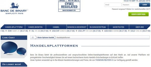 Handelsplattformen bei der Banc de Binary