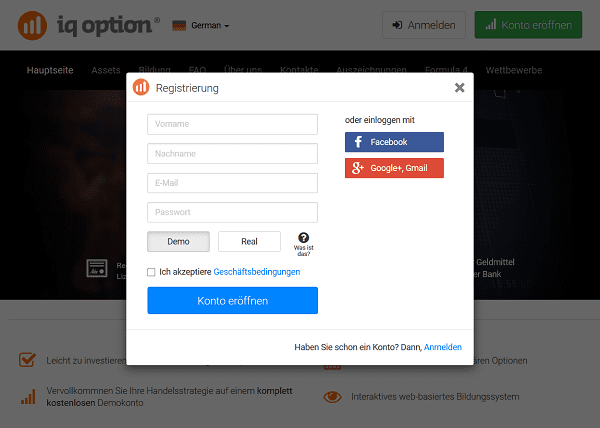 Das Registrierungsformular für ein IQ Option Demokonto