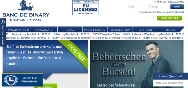 Die Onlinepräsenz von Banc de Binary