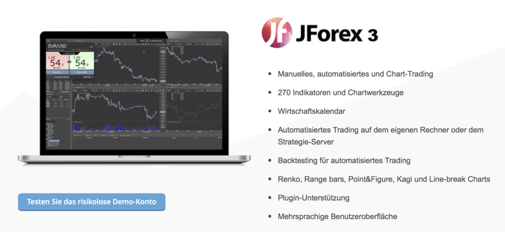 Das Trading ist unter anderem über die Plattform JForex 3 möglich