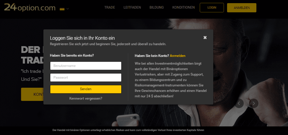 Der Login-Bildschirm von 24Option