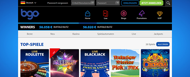 Bildschirmfoto der Startseite vom BGO Casino