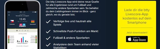 Btty Livescore App für iOS und Android verfügbar