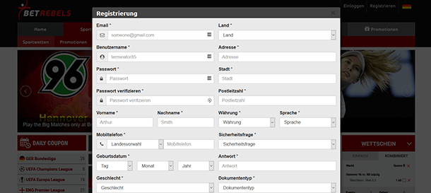 BetRebels Registrierung 