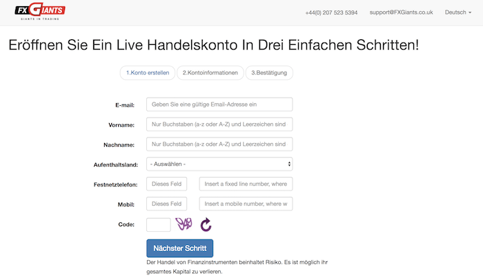 FXGiants Kontoeröffnung