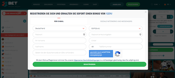 22bet Sport Registrierung