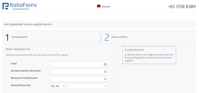 RoboForex Kontoeröffnung