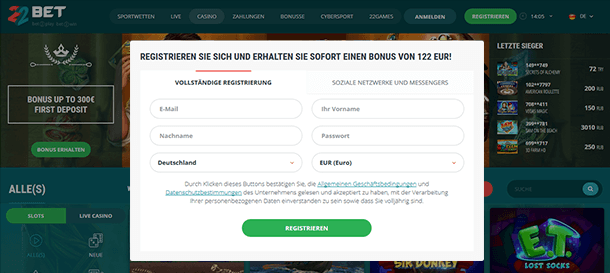 22BET Casino Registrierung 