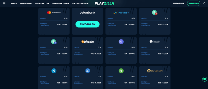 Einzahlungen und Auszahlungen bei Playzilla