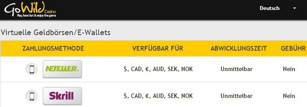 Zahlungsmethoden im GoWild Casino