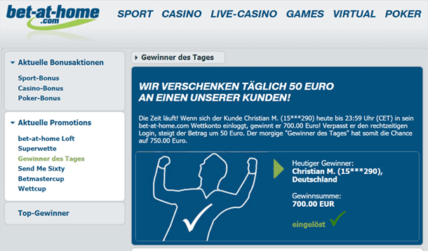 Bet-at-home „Gewinner des Tages“ Bonus