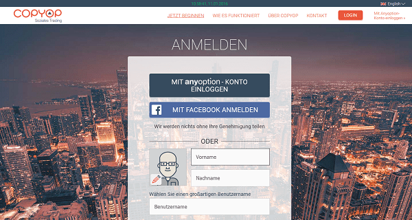 Das Anmeldeformular von Copyop