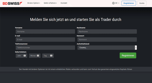 Das Kontoeröffnungsformular von BDSwiss