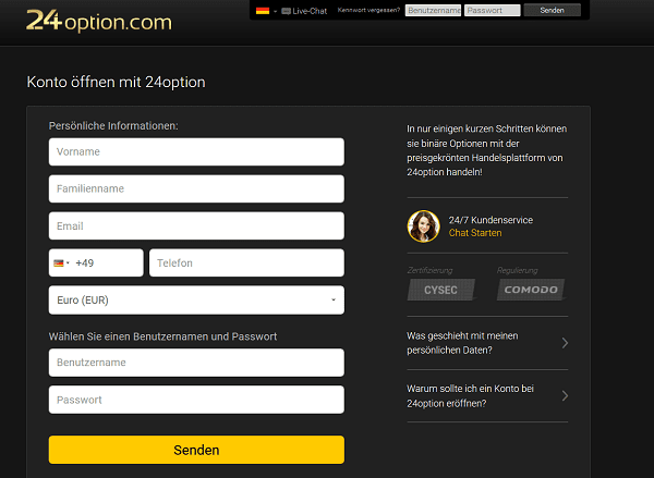 Das Kontoeröffnungsformular von 24Option