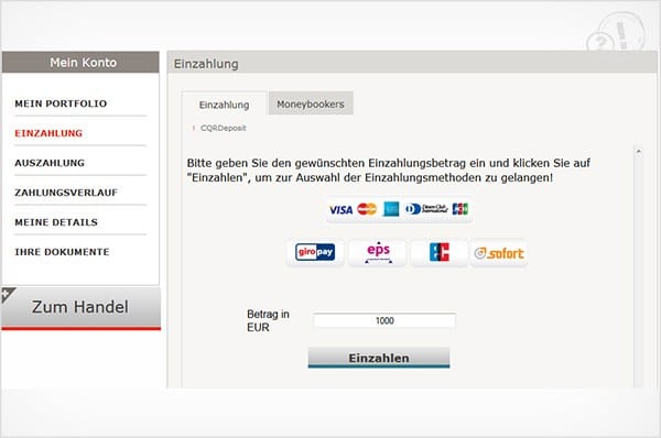 Das BDSwiss Einzahlungsformular