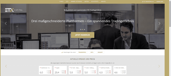 Webseite von ETX Capital Auszahlungen