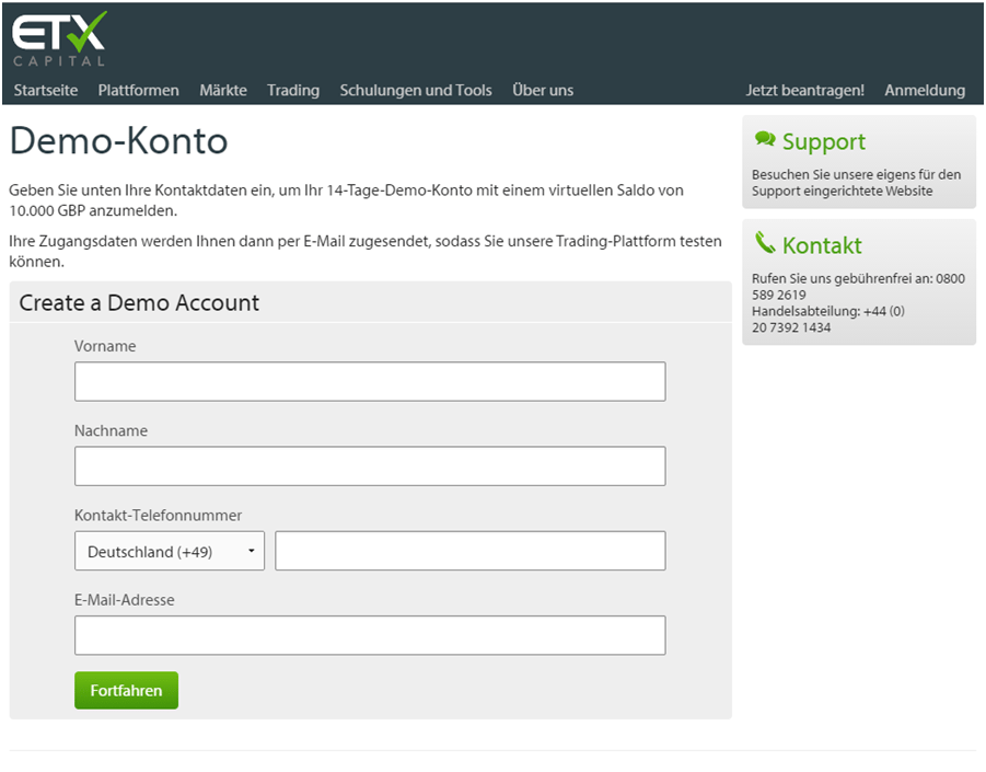 Die Anmeldemaske für ein Demokonto bei ETX Capital