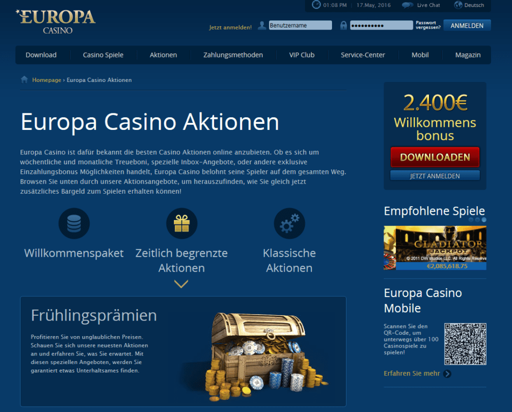 Screenshot Europa Casino Sonderaktionen