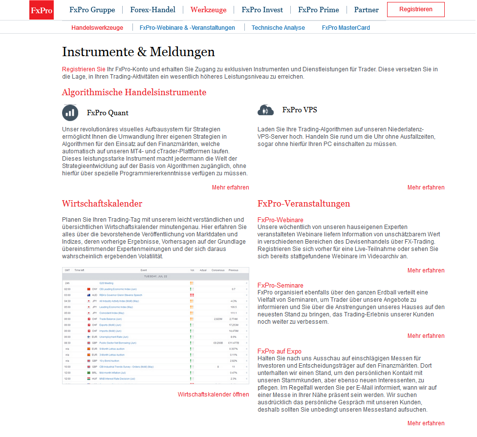 Zum Serviceangebot von FxPro gehören zahlreiche Handelswerkzeuge