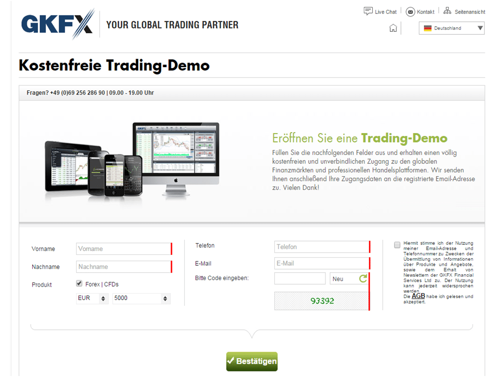 Die Anmeldemaske bei GKFX