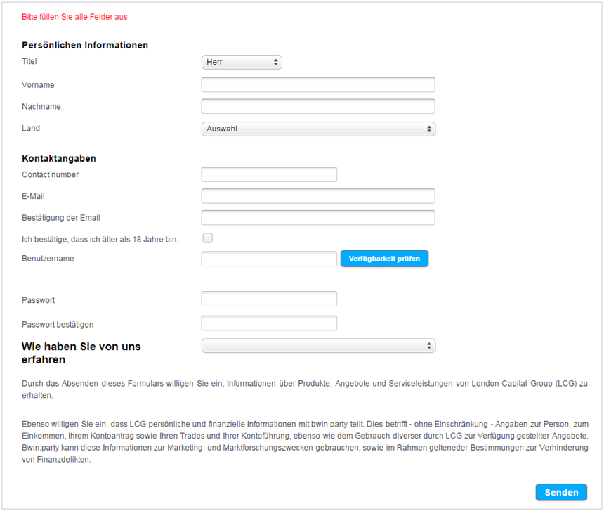 Die Eingabemaske um ein Demokonto bei InterTrade zu eröffnen