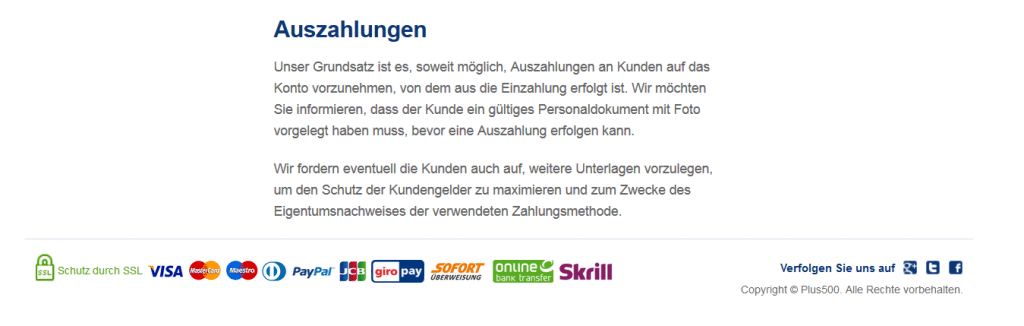 Auf der Website des Anbieters sind sämtliche Informationen zur Plus500 Auszahlung verzeichnet