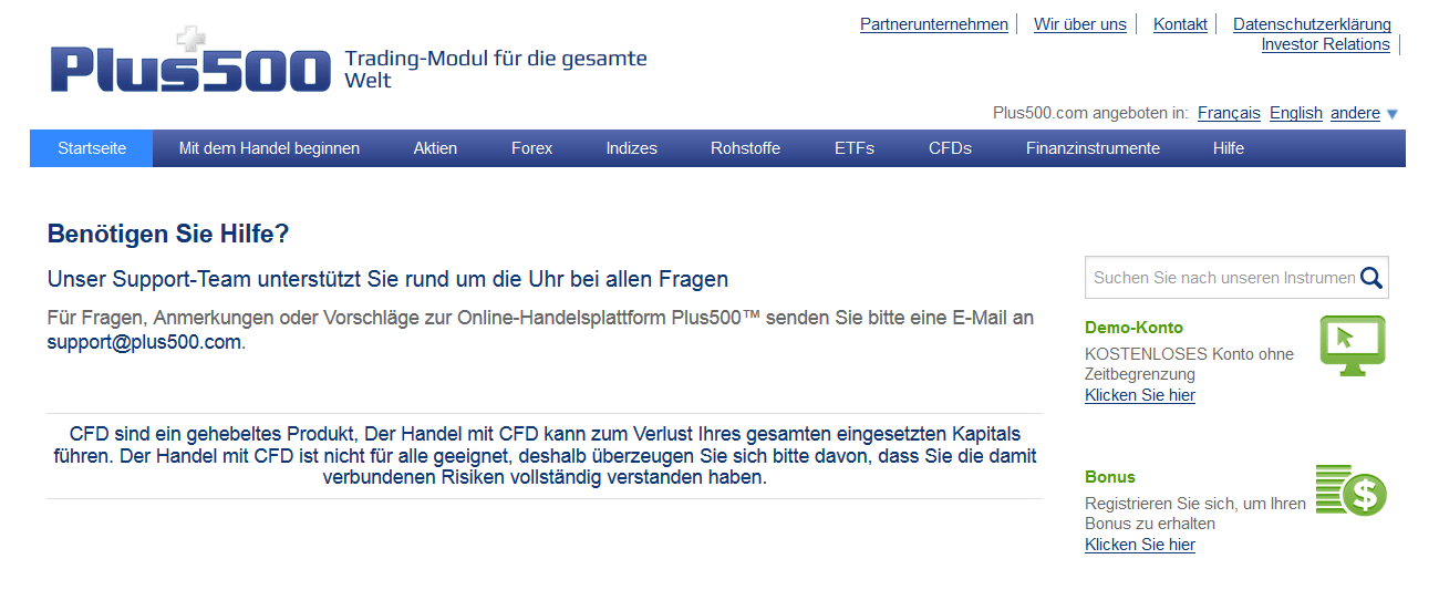 Der Kundensupport von Plus500 ist lediglich per Mail erreichbar