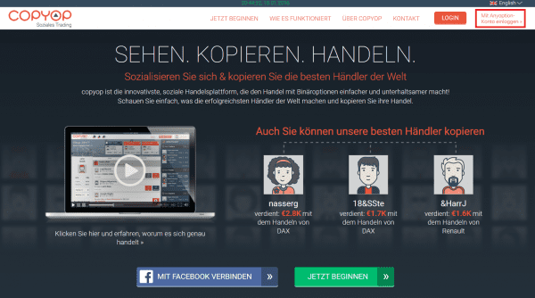 Zugang für anyoption-Kunden zur Copyop-Plattform