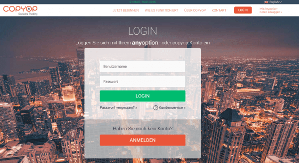 Das Login-Fenster für Trader von Copyop
