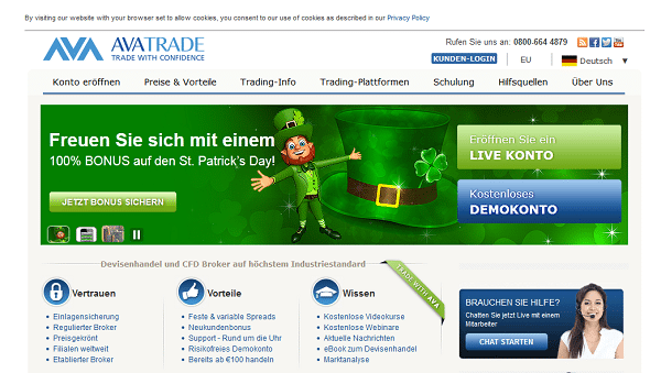 So sieht die Webseite von AvaTrade (ehemals AvaFX) aus
