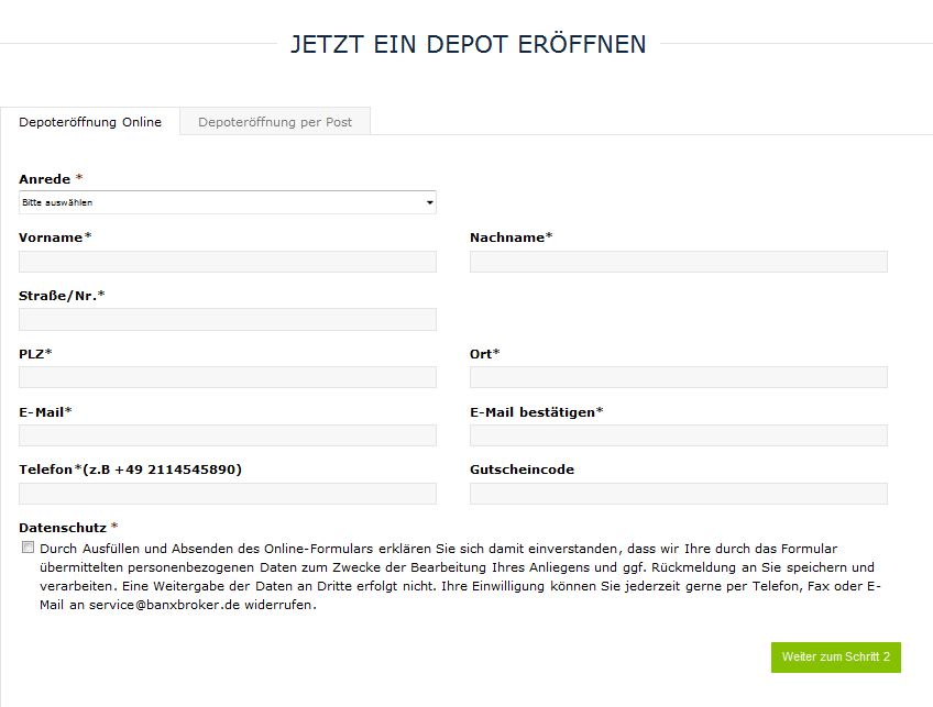 Formular von Banx zur Depoteröffnung