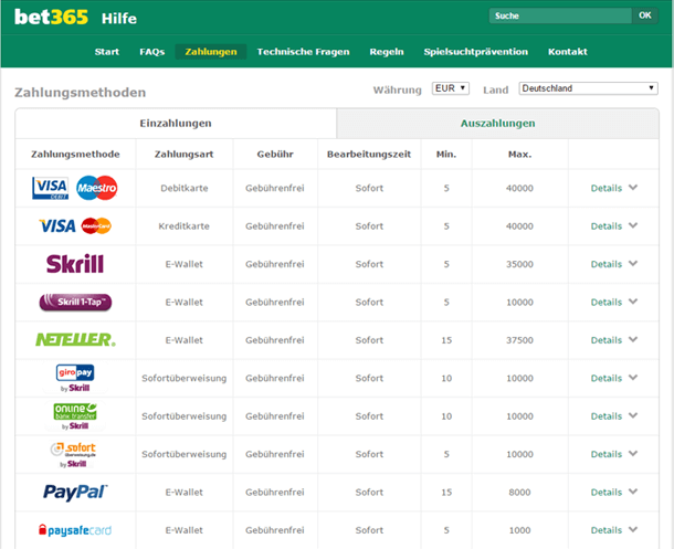 bet365 Zahlungsmethoden