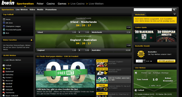 Screenshot bwin Sportwetten Überblick