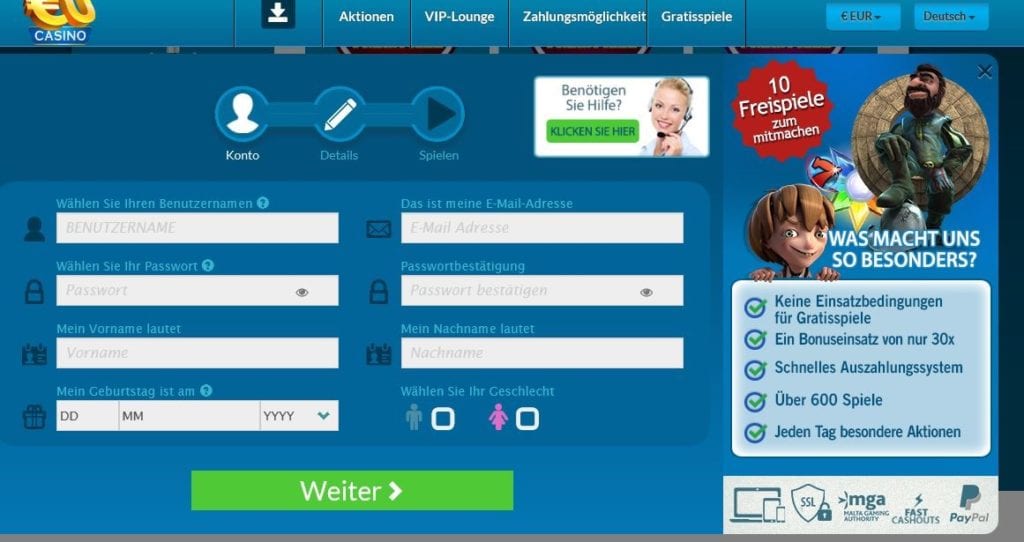 Neukunden-Anmeldeformular auf eucasino.com
