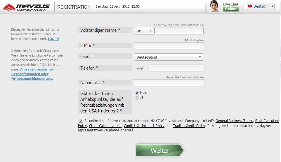 Das Formular zur Eröffnung eines Live-Kontos bei Mayzus