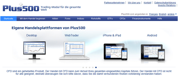 Webauftritt des Brokers Plus500